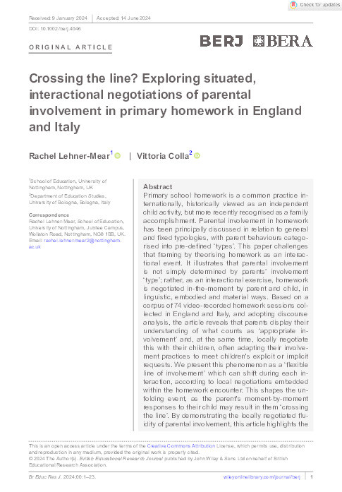 Crossing the line? Exploring situated, interactional negotiations of parental involvement in primary homework in England and Italy Thumbnail