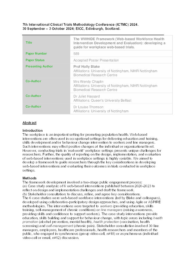 The WWHIDE Framework (Web-based Workforce Health Intervention Development and Evaluation): developing a guide for workplace web-based trials Thumbnail