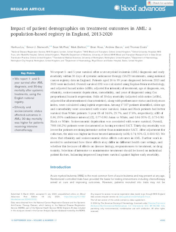 Impact of patient demographics on treatment outcomes in AML: a population-based registry in England, 2013-2020 Thumbnail