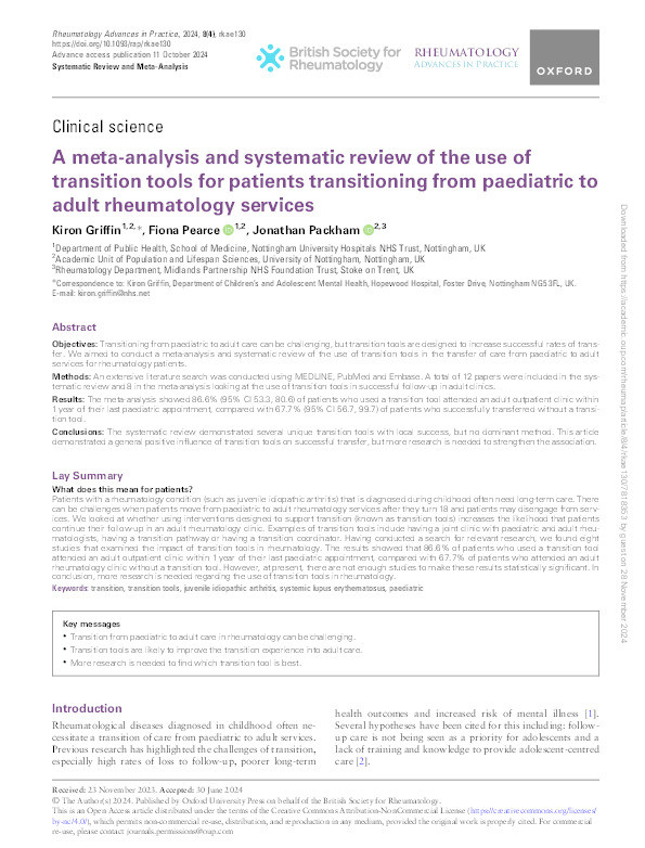 A meta-analysis and systematic review of the use of transition tools for patients transitioning from paediatric to adult rheumatology services Thumbnail