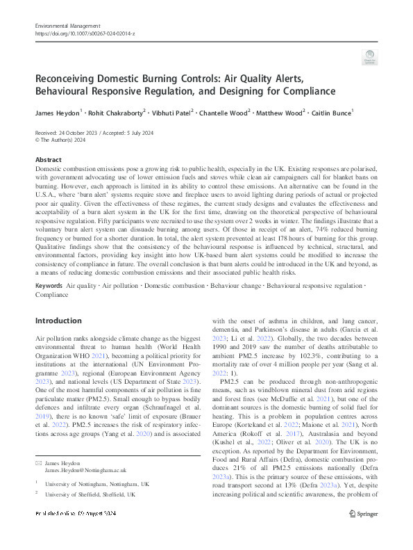 Reconceiving Domestic Burning Controls: Air Quality Alerts, Behavioural Responsive Regulation, and Designing for Compliance Thumbnail