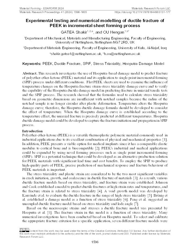 Experimental testing and numerical modelling of ductile fracture of PEEK in incremental sheet forming process Thumbnail