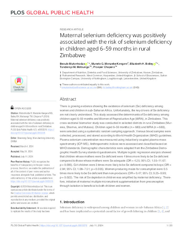 Maternal selenium deficiency was positively associated with the risk of selenium deficiency in children aged 6–59 months in rural Zimbabwe Thumbnail