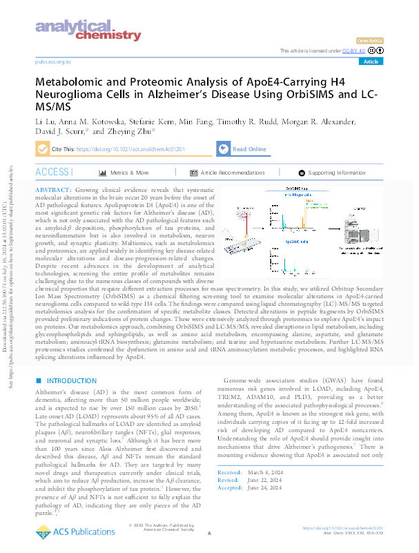 Metabolomic and Proteomic Analysis of ApoE4-Carrying H4 Neuroglioma Cells in Alzheimer’s Disease Using OrbiSIMS and LC-MS/MS Thumbnail