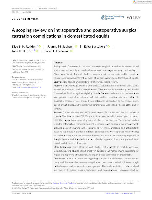 A scoping review on intraoperative and postoperative surgical castration complications in domesticated equids Thumbnail