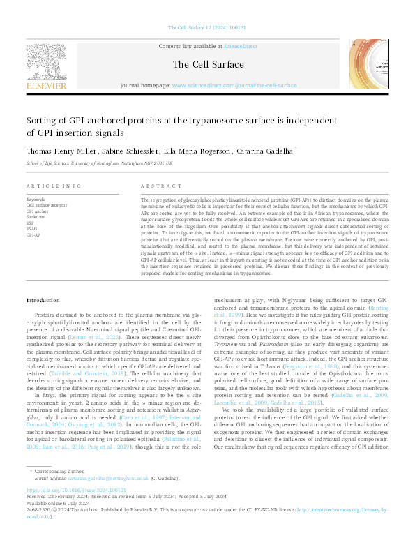 Sorting of GPI-anchored proteins at the trypanosome surface is independent of GPI insertion signals Thumbnail