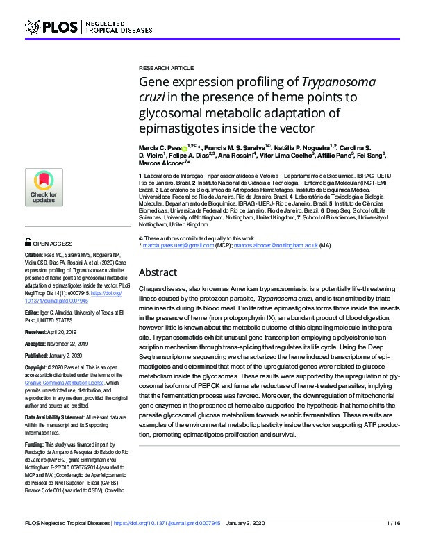 Gene expression profiling of Trypanosoma cruzi in the presence of heme points to glycosomal metabolic adaptation of epimastigotes inside the vector Thumbnail