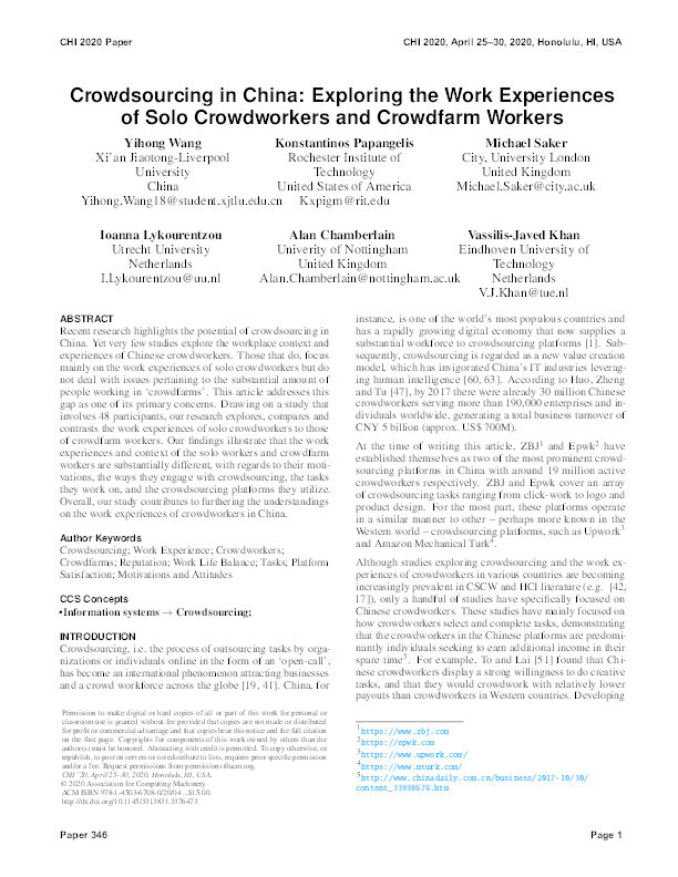 Crowdsourcing in China: Exploring the Work Experiences of Solo Crowdworkers and Crowdfarm Workers Thumbnail