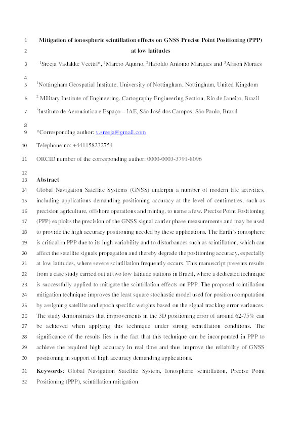 Mitigation of ionospheric scintillation effects on GNSS precise point positioning (PPP) at low latitudes Thumbnail