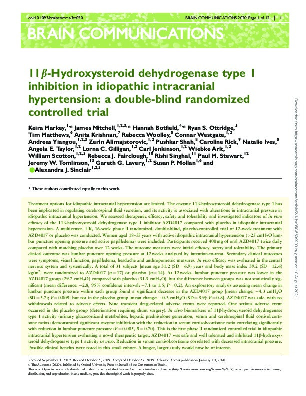 11β-Hydroxysteroid Dehydrogenase Type 1 Inhibition in Idiopathic Intracranial Hypertension: A Double-Blind Randomized Controlled Trial Thumbnail