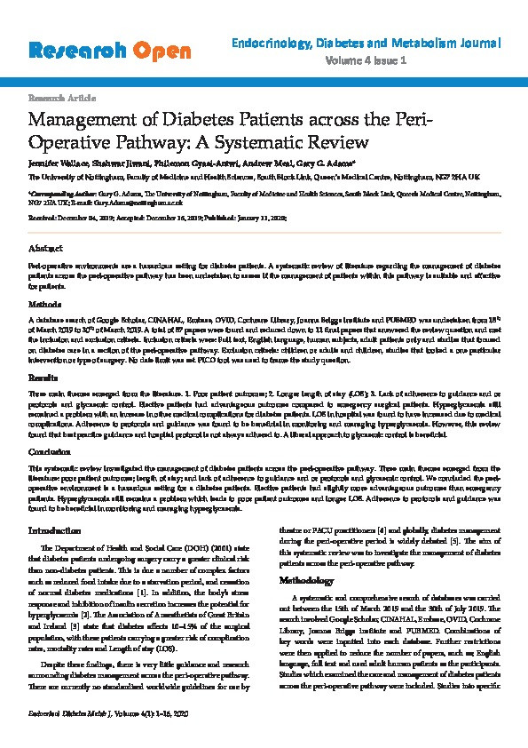 Management of Diabetes Patients across the Peri- Operative Pathway: A Systematic Review Thumbnail