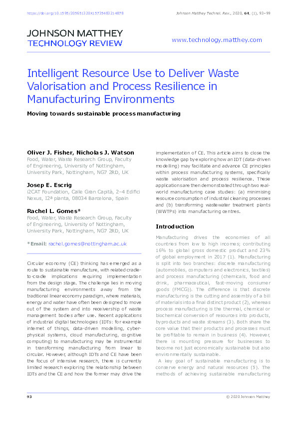 Intelligent Resource Use to Deliver Waste Valorisation and Process Resilience in Manufacturing Environments Thumbnail