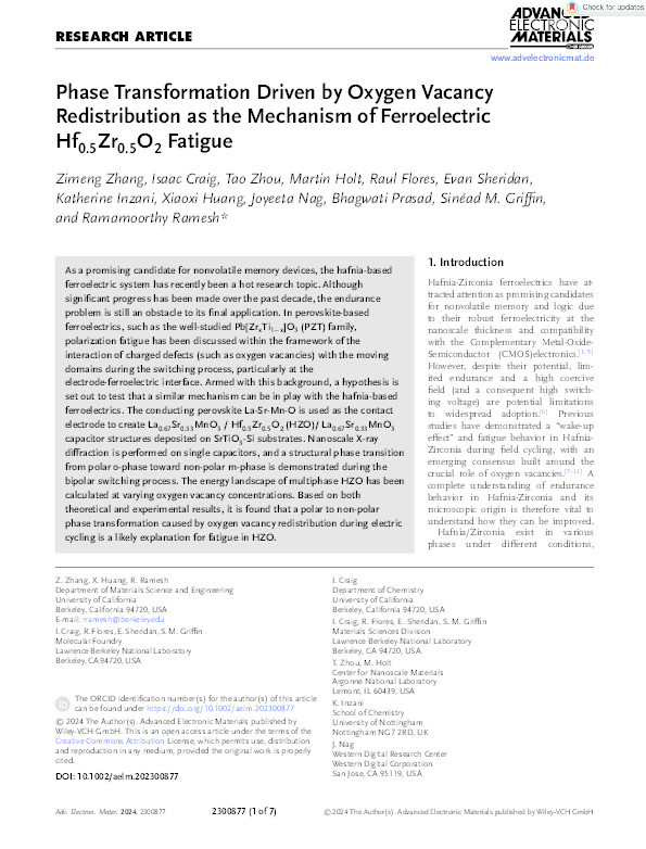 Phase Transformation Driven by Oxygen Vacancy Redistribution as the Mechanism of Ferroelectric Hf0.5Zr0.5O2 Fatigue Thumbnail