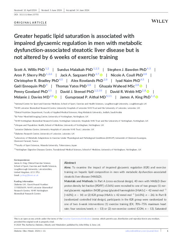 Greater hepatic lipid saturation is associated with impaired glycaemic regulation in men with metabolic dysfunction‐associated steatotic liver disease but is not altered by 6 weeks of exercise training Thumbnail