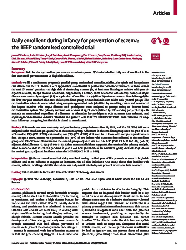 Daily emollient during infancy for prevention of eczema: the BEEP randomised controlled trial Thumbnail
