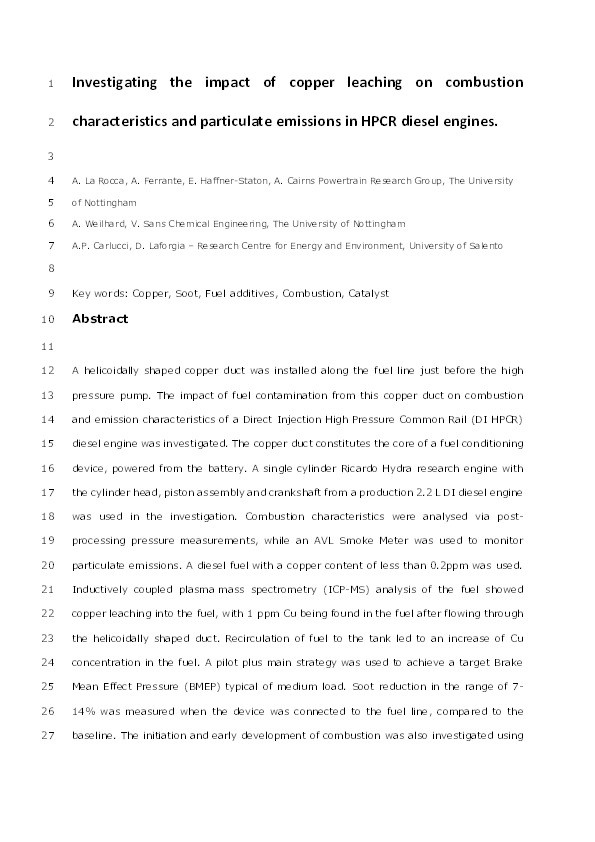 Investigating the impact of copper leaching on combustion characteristics and particulate emissions in HPCR diesel engines Thumbnail