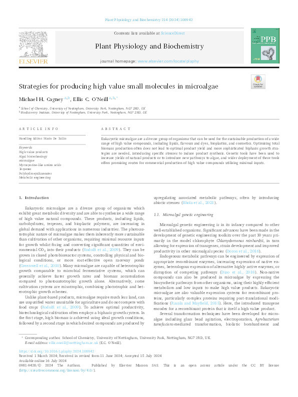 Strategies for producing high value small molecules in microalgae Thumbnail