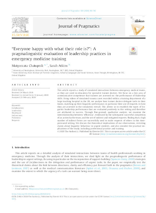 “Everyone happy with what their role is?”: A pragmalinguistic evaluation of leadership practices in emergency medicine training Thumbnail