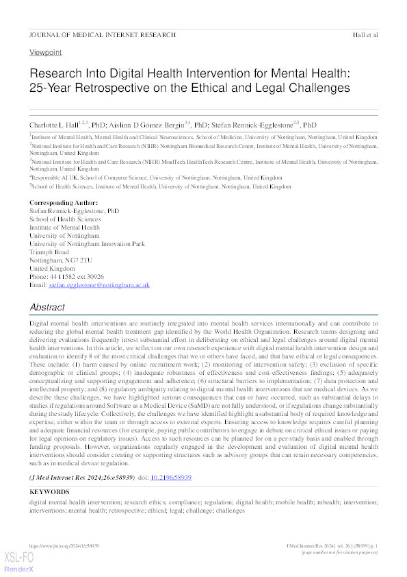 Research into digital health intervention for mental health: a 25-year retrospective on the ethical and legal challenges Thumbnail