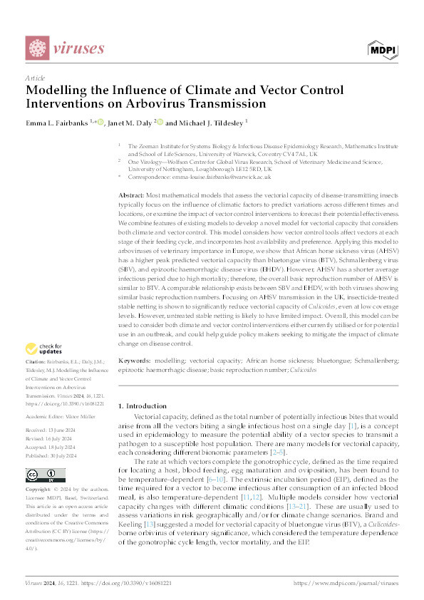 Modelling the influence of climate and vector control interventions on arbovirus transmission Thumbnail