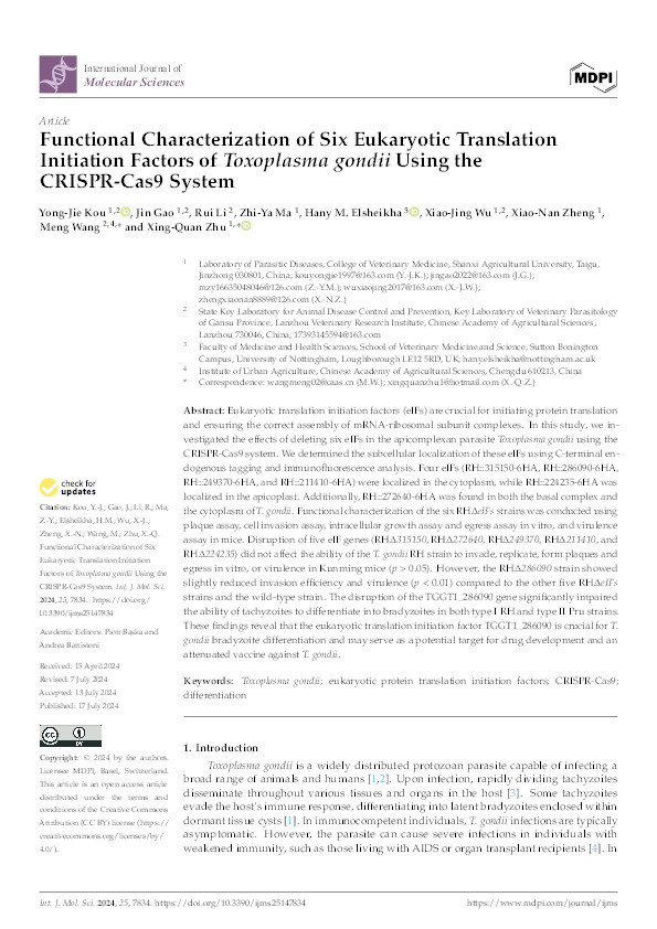Functional Characterization of Six Eukaryotic Translation Initiation Factors of Toxoplasma gondii Using the CRISPR-Cas9 System Thumbnail