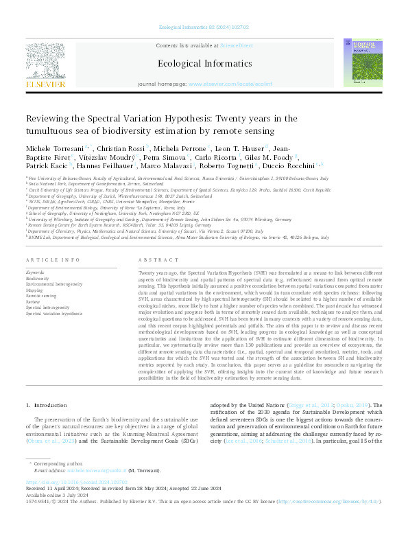 Reviewing the Spectral Variation Hypothesis: Twenty years in the tumultuous sea of biodiversity estimation by remote sensing Thumbnail