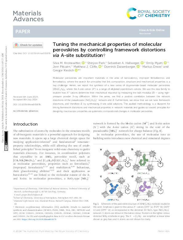 Tuning the mechanical properties of molecular perovskites by controlling framework distortions via A-site substitution Thumbnail