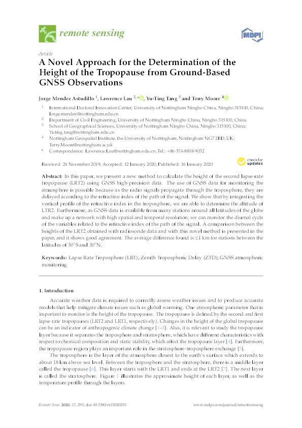 A Novel Approach for the Determination of the Height of the Tropopause from Ground-Based GNSS Observations Thumbnail