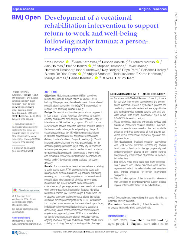 Development of a Vocational Rehabilitation Intervention to support Return to Work and Wellbeing following Major Trauma: A Person-Based Approach Thumbnail