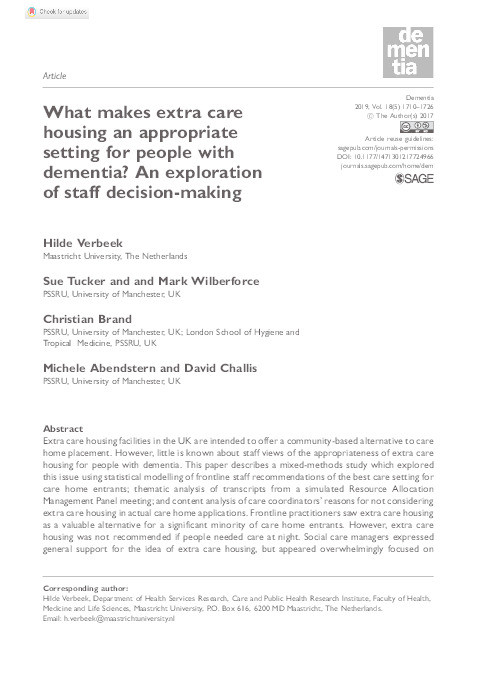 What makes extra care housing an appropriate setting for people with dementia? An exploration of staff decision-making Thumbnail