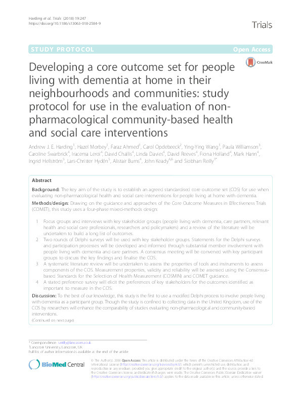 Developing a core outcome set for people living with dementia at home in their neighbourhoods and communities: study protocol for use in the evaluation of non-pharmacological community-based health and social care interventions Thumbnail