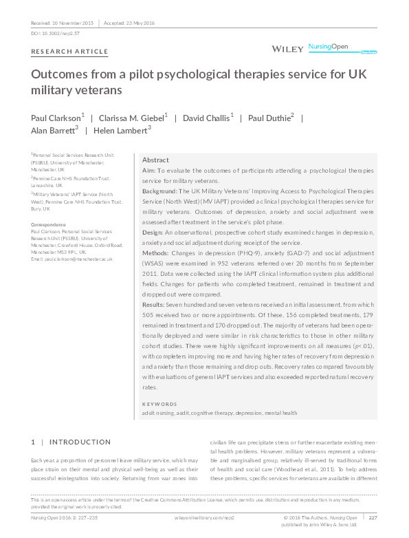 Outcomes from a pilot psychological therapies service for UK military veterans Thumbnail