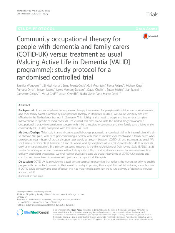 Community occupational therapy for people with dementia and family carers (COTiD-UK) versus treatment as usual (Valuing Active Life in Dementia [VALID] programme): Study protocol for a randomised controlled trial Thumbnail
