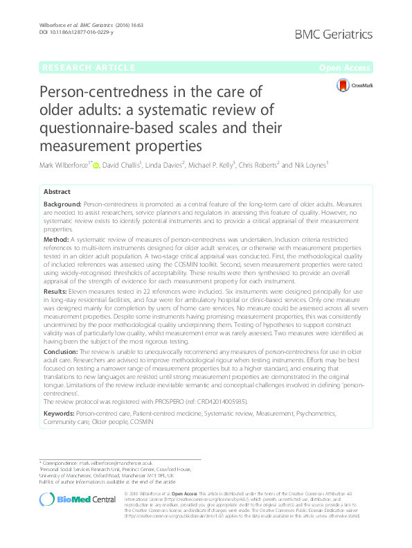 Person-centredness in the care of older adults: A systematic review of questionnaire-based scales and their measurement properties Thumbnail
