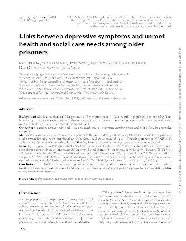 Links between depressive symptoms and unmet health and social care needs among older prisoners Thumbnail