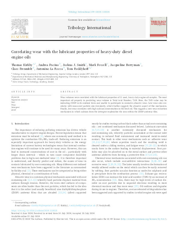 Correlating wear with the lubricant properties of heavy-duty diesel engine oils Thumbnail