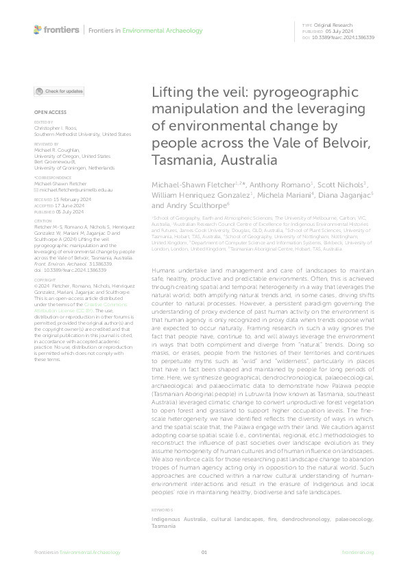 Lifting the veil: pyrogeographic manipulation and the leveraging of environmental change by people across the Vale of Belvoir, Tasmania, Australia Thumbnail