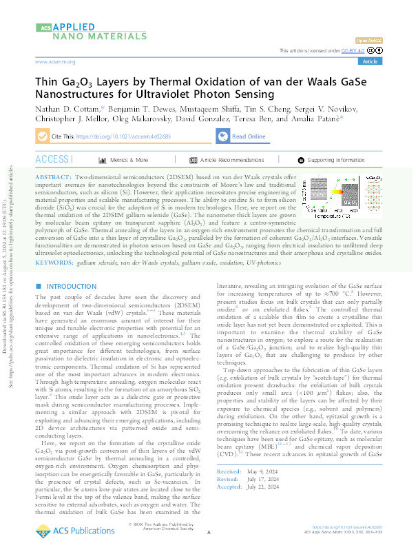 Thin Ga2O3 Layers by Thermal Oxidation of van der Waals GaSe Nanostructures for Ultraviolet Photon Sensing Thumbnail