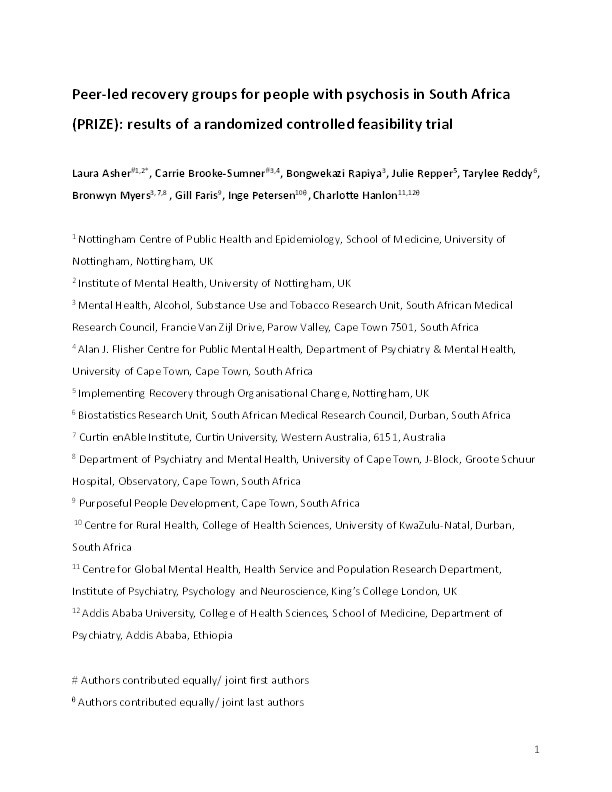 Peer-led recovery groups for people with psychosis in South Africa (PRIZE): results of a randomized controlled feasibility trial Thumbnail