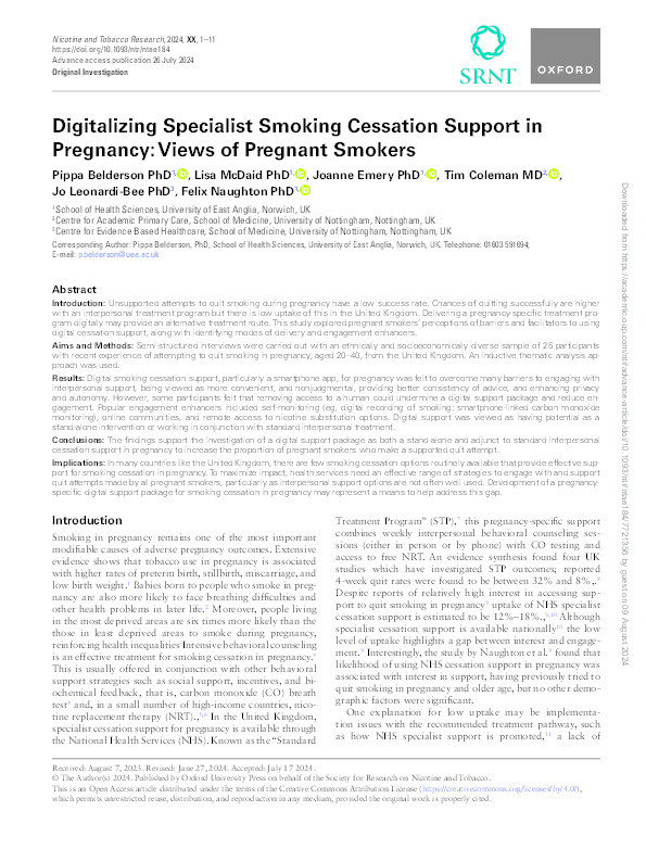 Digitalising Specialist Smoking Cessation Support in Pregnancy: Views of Pregnant Smokers Thumbnail