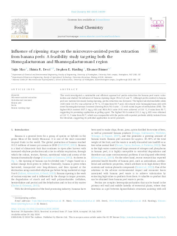 Influence of ripening stage on the microwave-assisted pectin extraction from banana peels: A feasibility study targeting both the Homogalacturonan and Rhamnogalacturonan-I region. Thumbnail