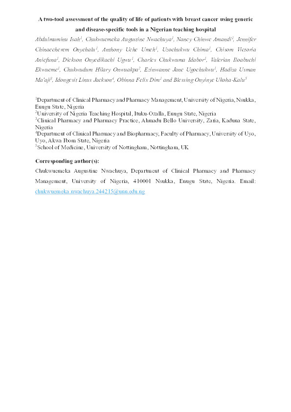 A two-tool assessment of the quality of life of patients with breast cancer using generic and disease-specific tools in a Nigerian teaching hospital Thumbnail