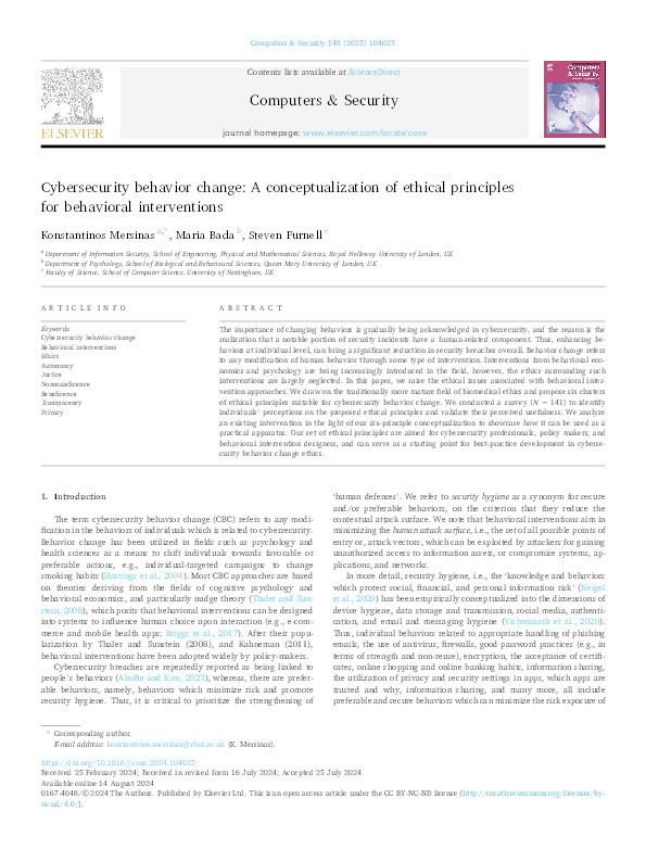 Cybersecurity behavior change: A conceptualization of ethical principles for behavioral interventions Thumbnail