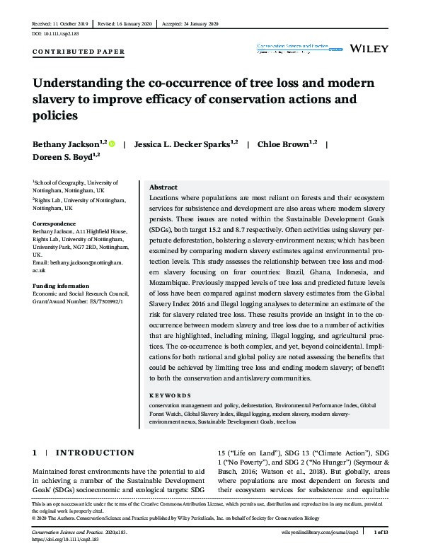 Understanding the co?occurrence of tree loss and modern slavery to improve efficacy of conservation actions and policies Thumbnail