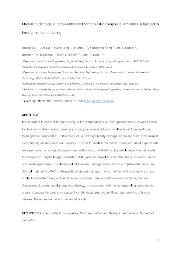 Modelling damage in fibre-reinforced thermoplastic composite laminates subjected to three-point-bend loading Thumbnail