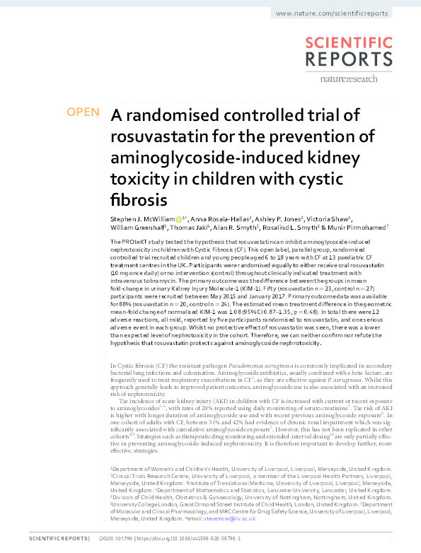 A randomised controlled trial of rosuvastatin for the prevention of aminoglycoside-induced kidney toxicity in children with cystic fibrosis Thumbnail