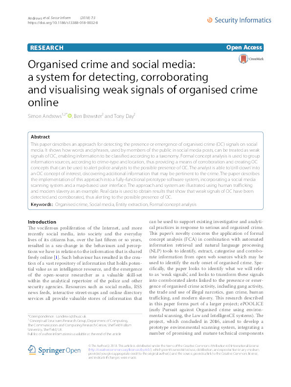 Organised crime and social media: a system for detecting, corroborating and visualising weak signals of organised crime online Thumbnail