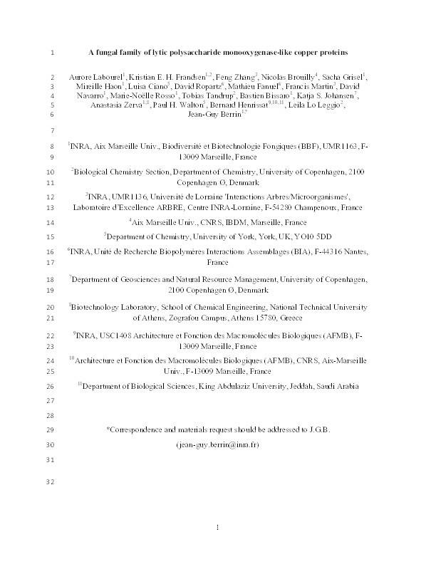 A fungal family of lytic polysaccharide monooxygenase-like copper proteins Thumbnail