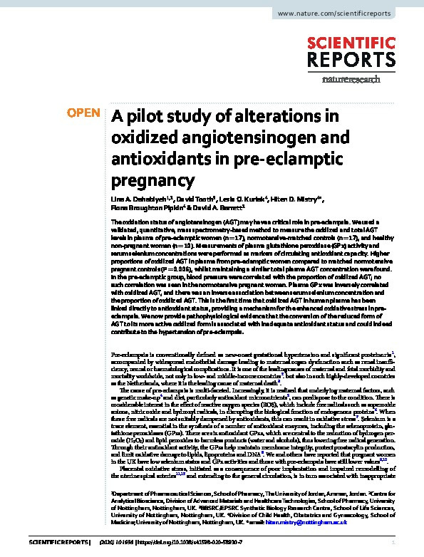 A pilot study of alterations in oxidized angiotensinogen and antioxidants in pre-eclamptic pregnancy Thumbnail