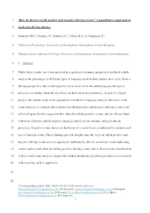 How do drivers recall positive and negative driving events? A quantitative approach to analysing driving diaries Thumbnail